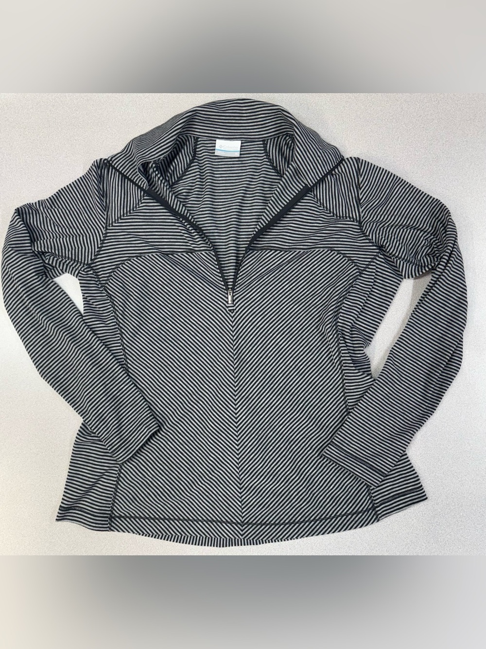 Columbia Striped Quartet Zip Hooded Pullover in Black and Grey Arm Logo